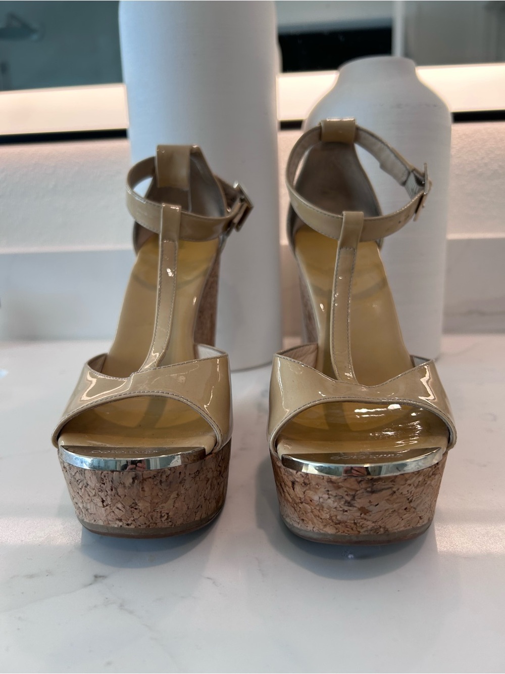 Jimmy Choo Nude Patent Leather T-Strap Cork Platform Wedges